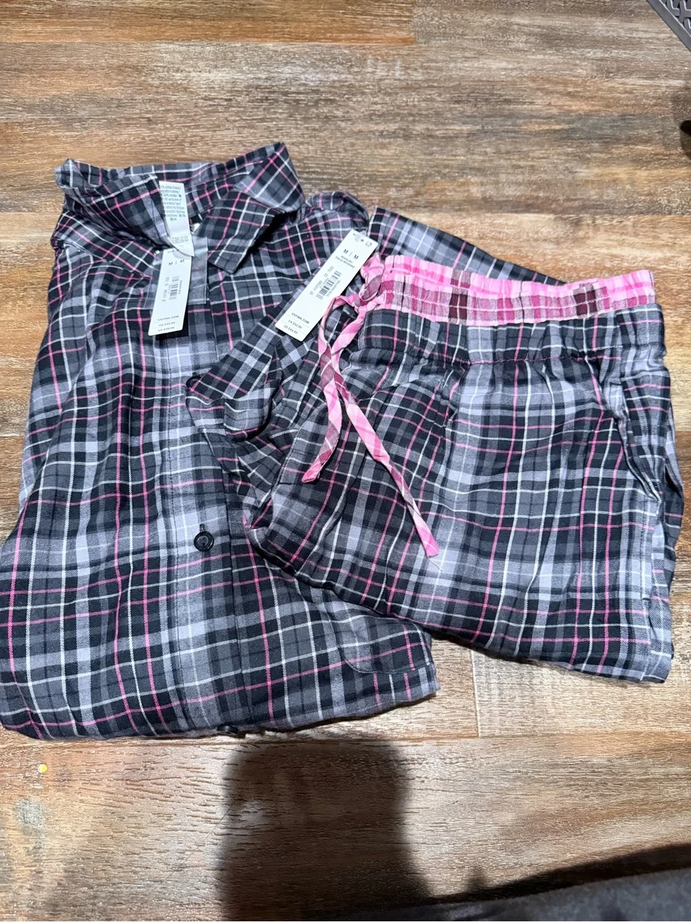 Victoria’s Secret Black & Pink Plaid Flannel Pajama Set